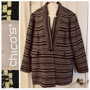 Chico's Blazer women’s sz 3 (XL, 16) Black Gold woven stripes pockets lined EUC